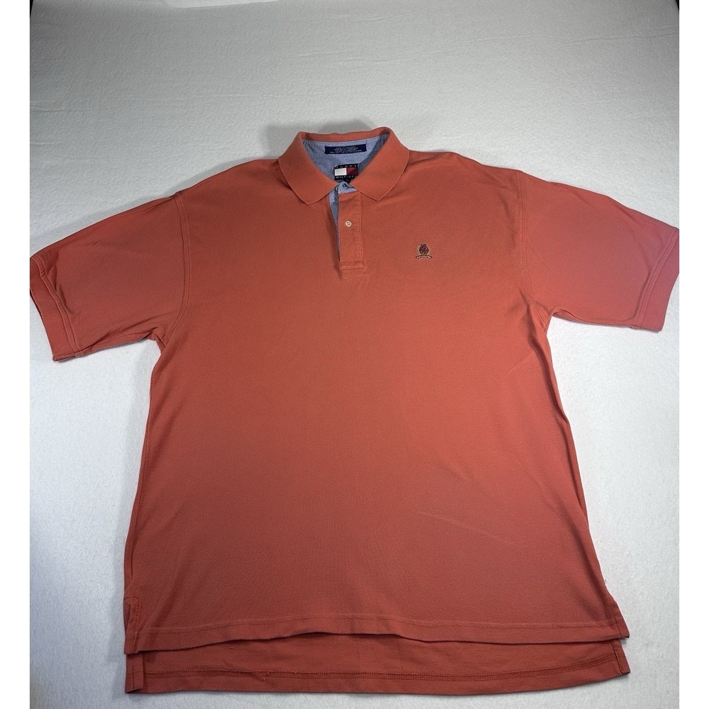 VTG Tommy Hilfiger Polo Shirt XL Orange Pique Cotton Crest Logo 90s Prep USA